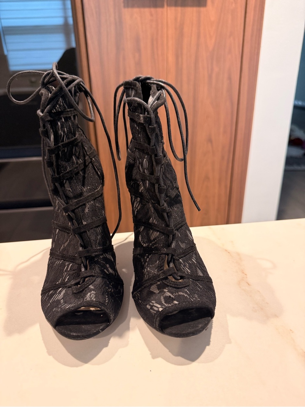 MIA Black Lace-Up Peep Toe Heeled Booties